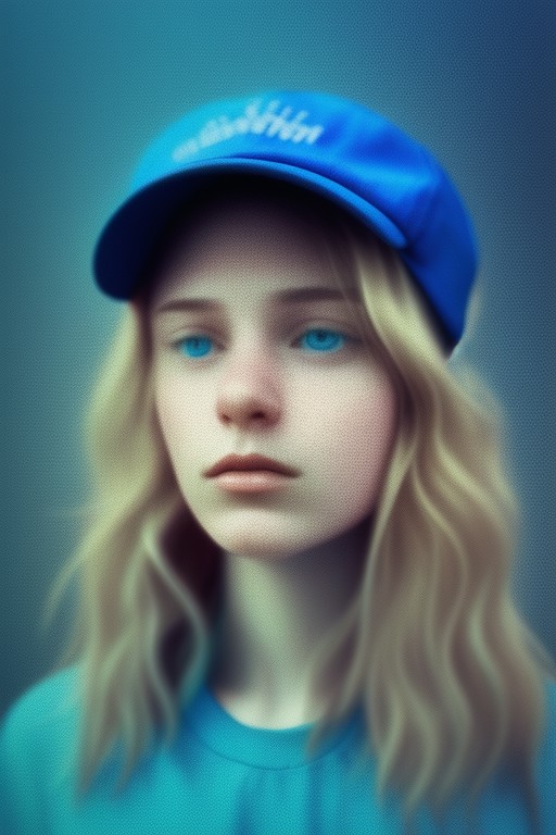 glitch,a portrait of a blonde girl with blue cap and blue shirt
